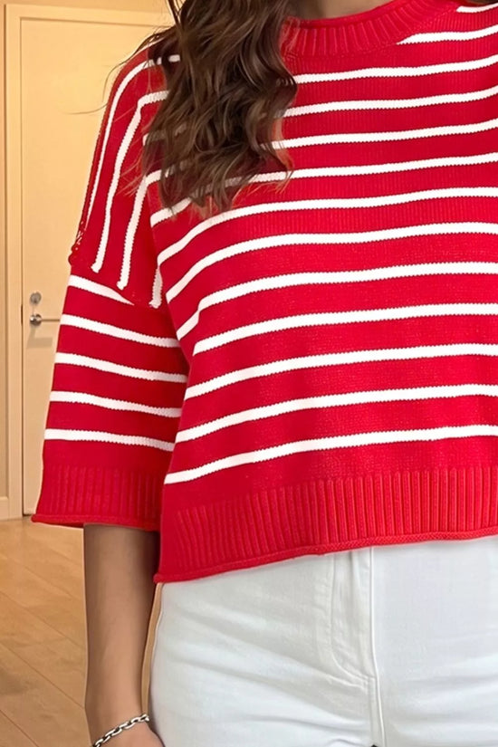 Stripe Dropped Shoulder Half Sleeve Relaxed Knit Sweater