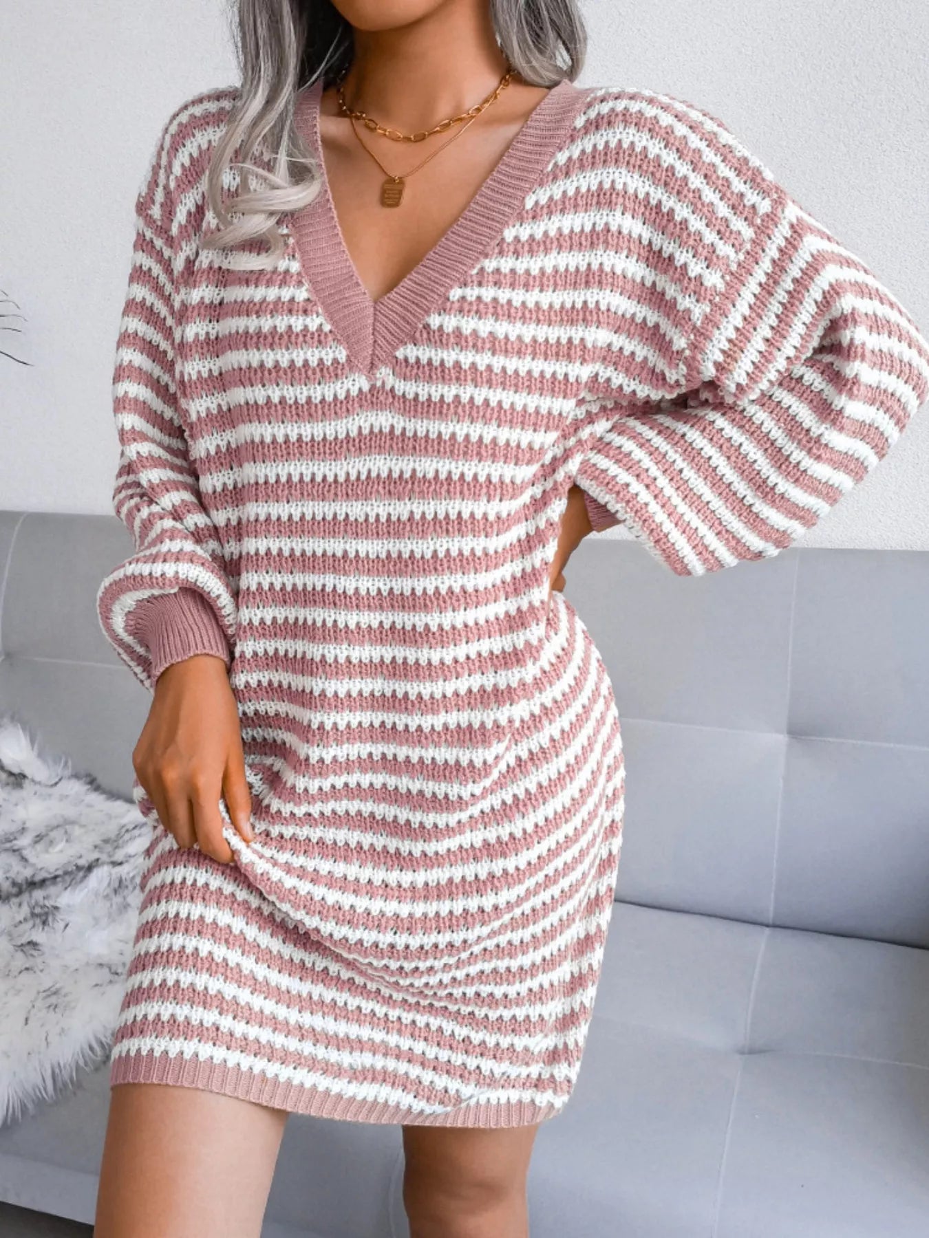 Striped V-Neck Long Sleeve Sweater Dress