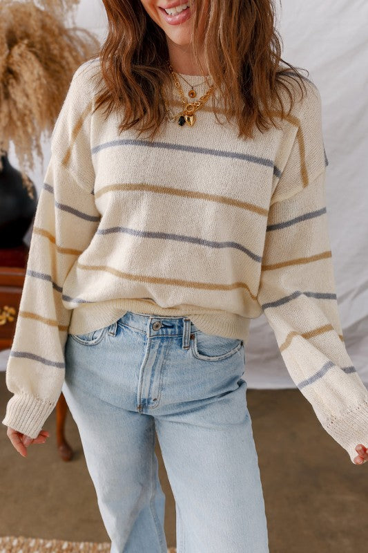 Stripe Ribbed Trim Drop Shoulder Sweater