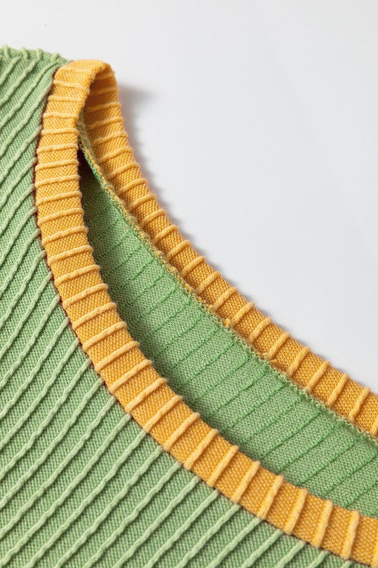 Colorblock Corded Knit Crew Neck Tee