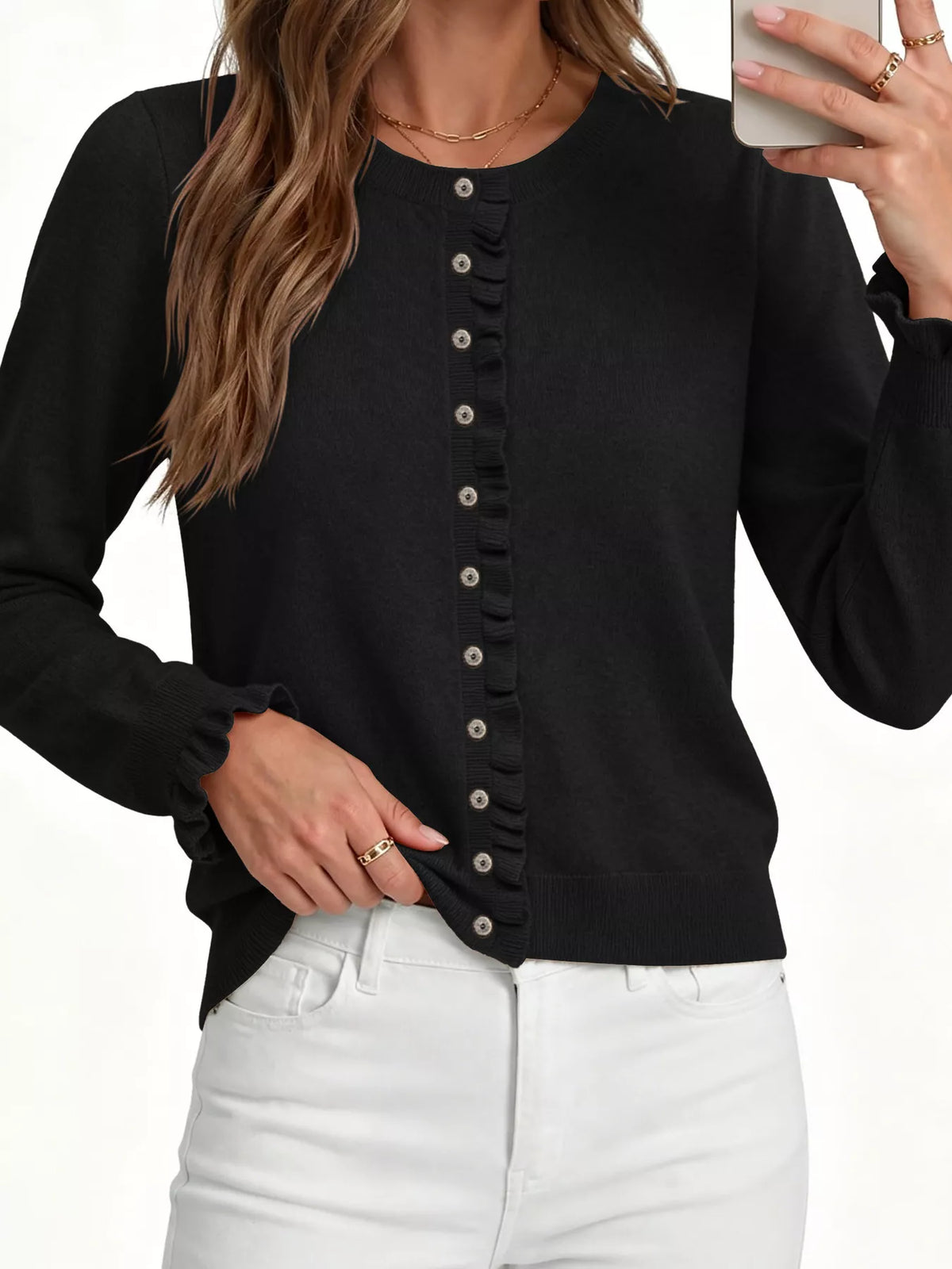 Ruffle-Trimmed Button-Down Knit Cardigan