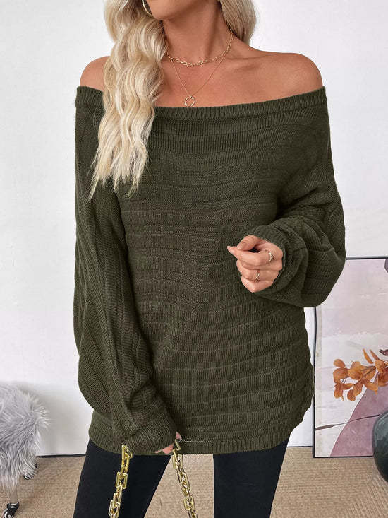 Boat Neck Ribbed Long Sleeve Sweater