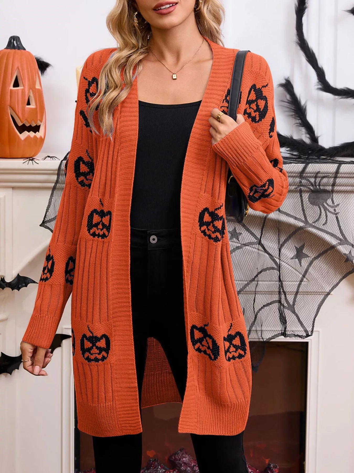 Halloween Pumpkin Open Front Knit Cardigan