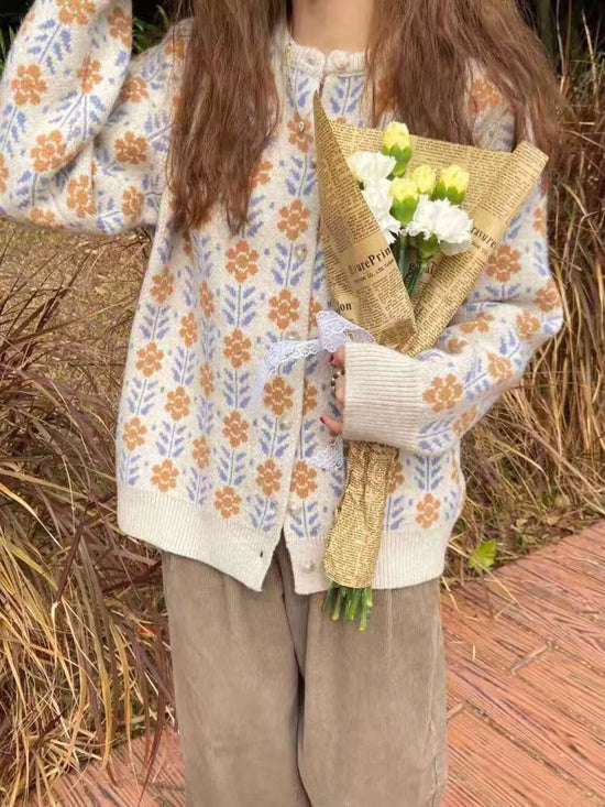 Floral Button Up Knit Cardigan