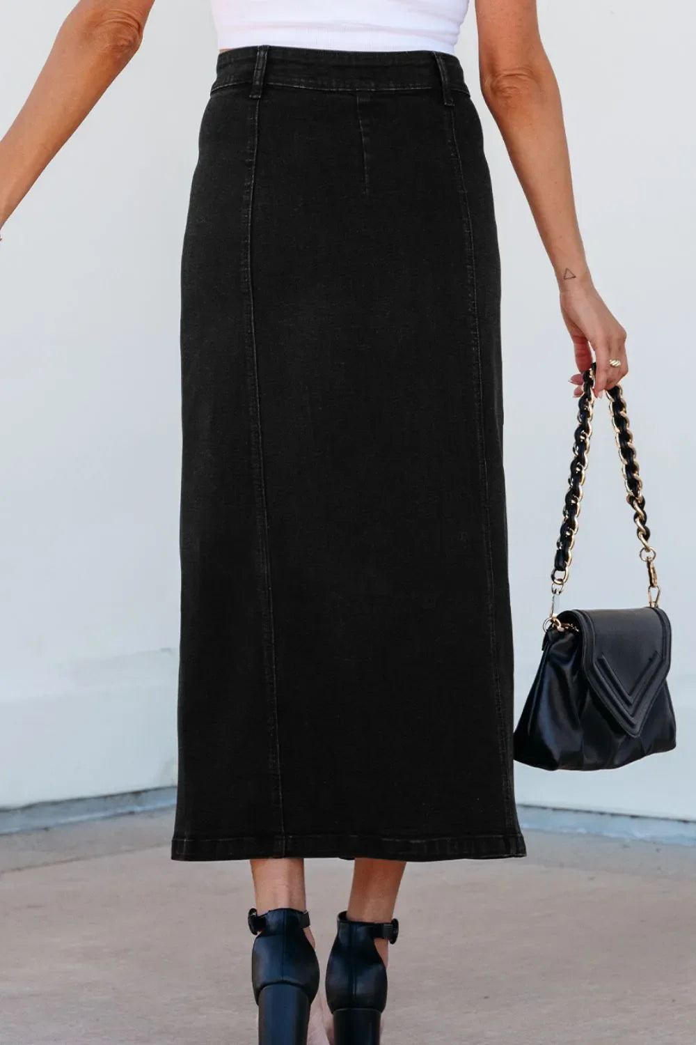 Button Fly Side Split Denim Midi Skirt