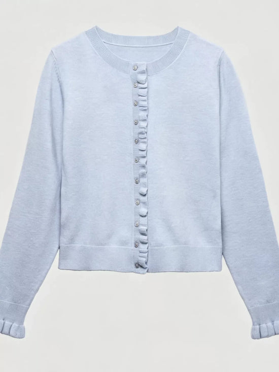 Ruffle-Trimmed Button-Down Knit Cardigan