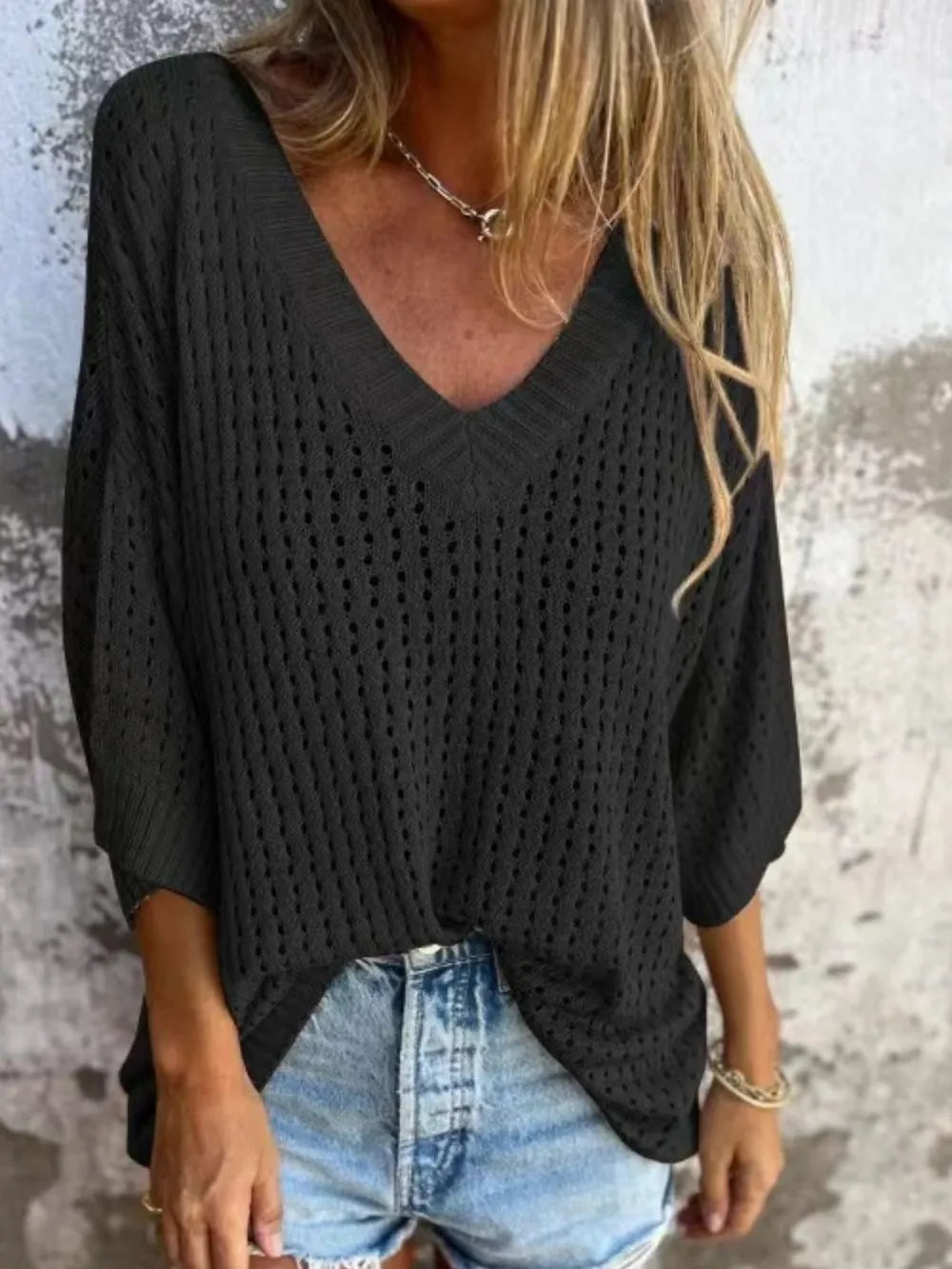 Full Size Openwork V-Neck Knit Cover Up Plus Size