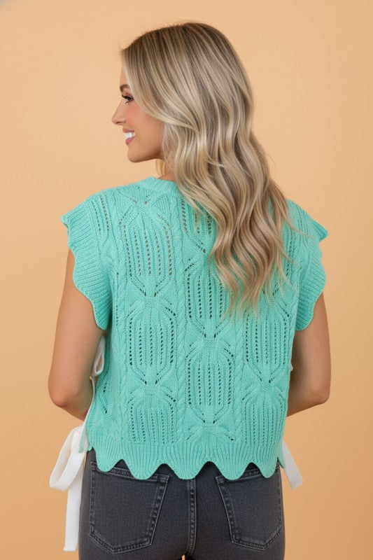 Pointelle Knit Scallop Trim Short Sleeve Sweater