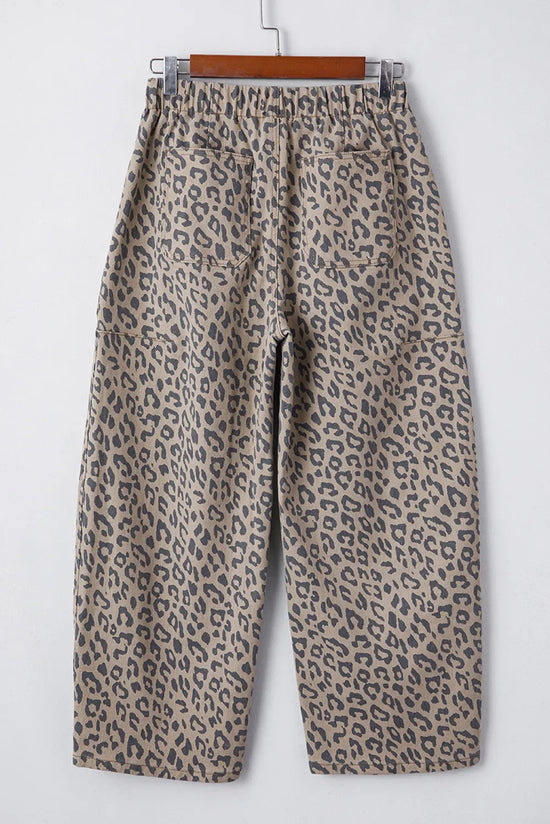 Leopard Printed Drawstring Waist Pocketed Wide Leg Jeans