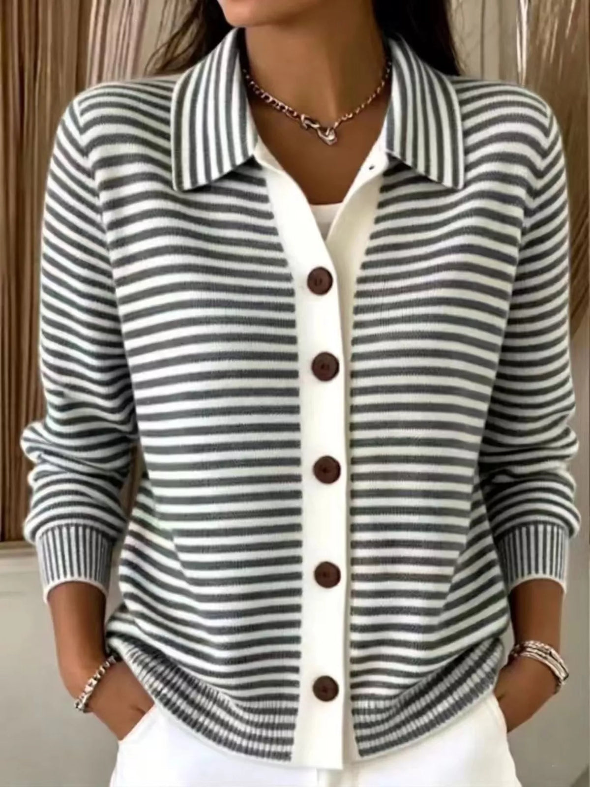 Full Size Striped Button-Down Knit Cardigan Plus Size