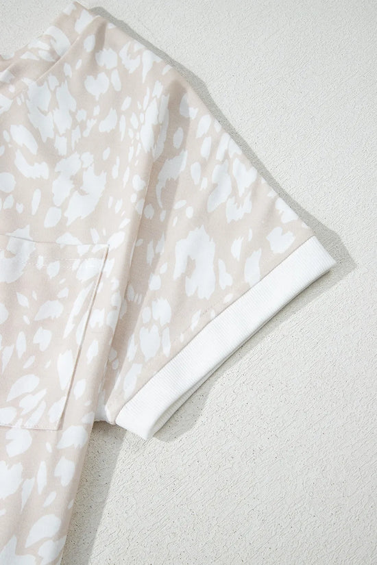 Leopard Print V Neck Side Slit Loose Fit T Shirt