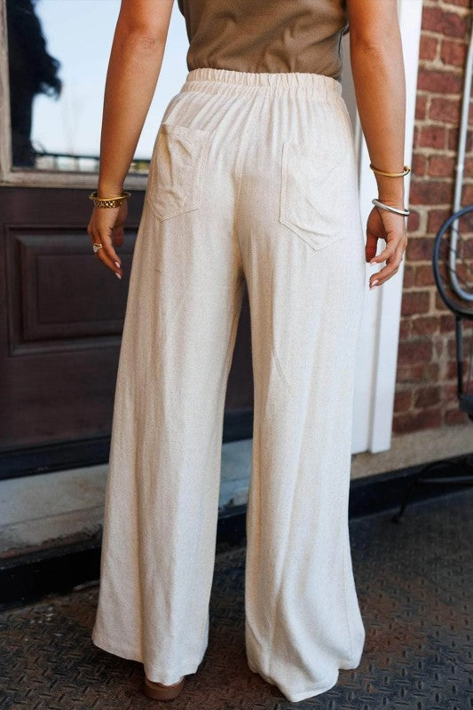 Solid Buttoned Waist Pleated Wide Leg Pants