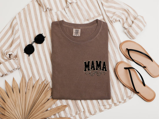 Mama Leopard Ribbon Comfort Colors T Shirt (Left Chest)