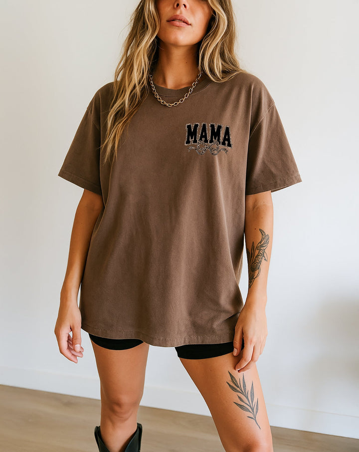 Mama Leopard Ribbon Comfort Colors T Shirt (Left Chest)