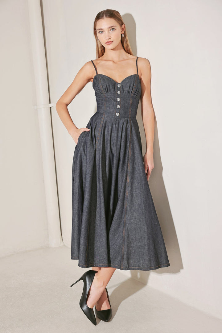 AFTER HOURS SERENADE DENIM MIDI DRESS