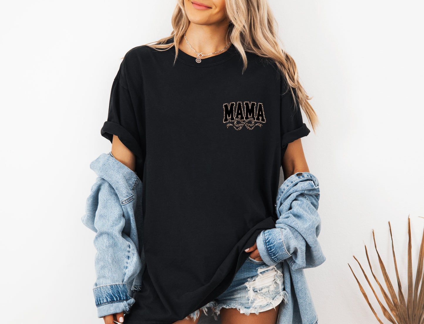 Mama Leopard Ribbon Comfort Colors T Shirt (Left Chest)