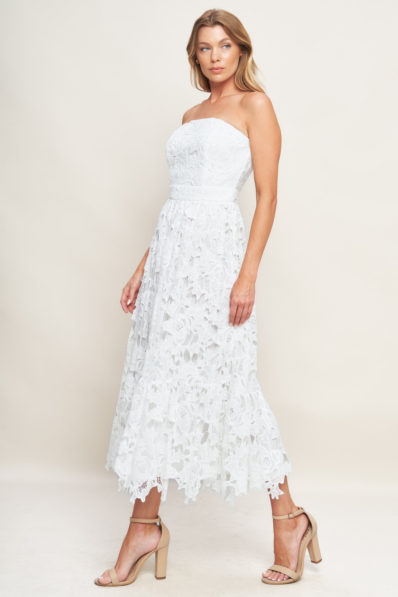 CAREFREE NIGHTS LACE OFF WHITE MIDI DRESS