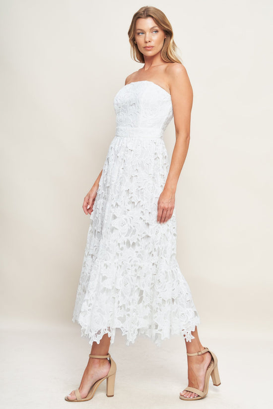 CAREFREE NIGHTS LACE OFF WHITE MIDI DRESS