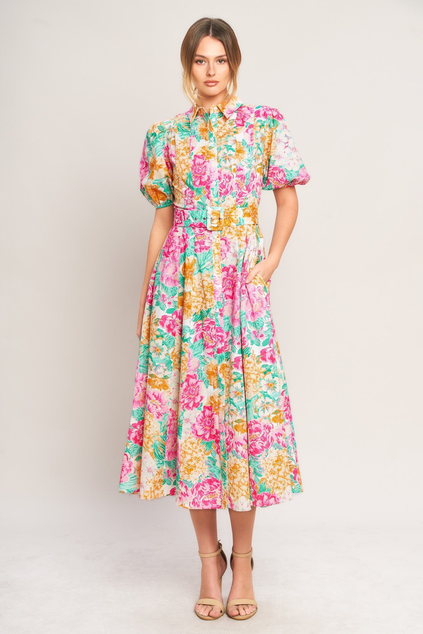 BLOOMING GARDEN WOVEN MIDI DRESS