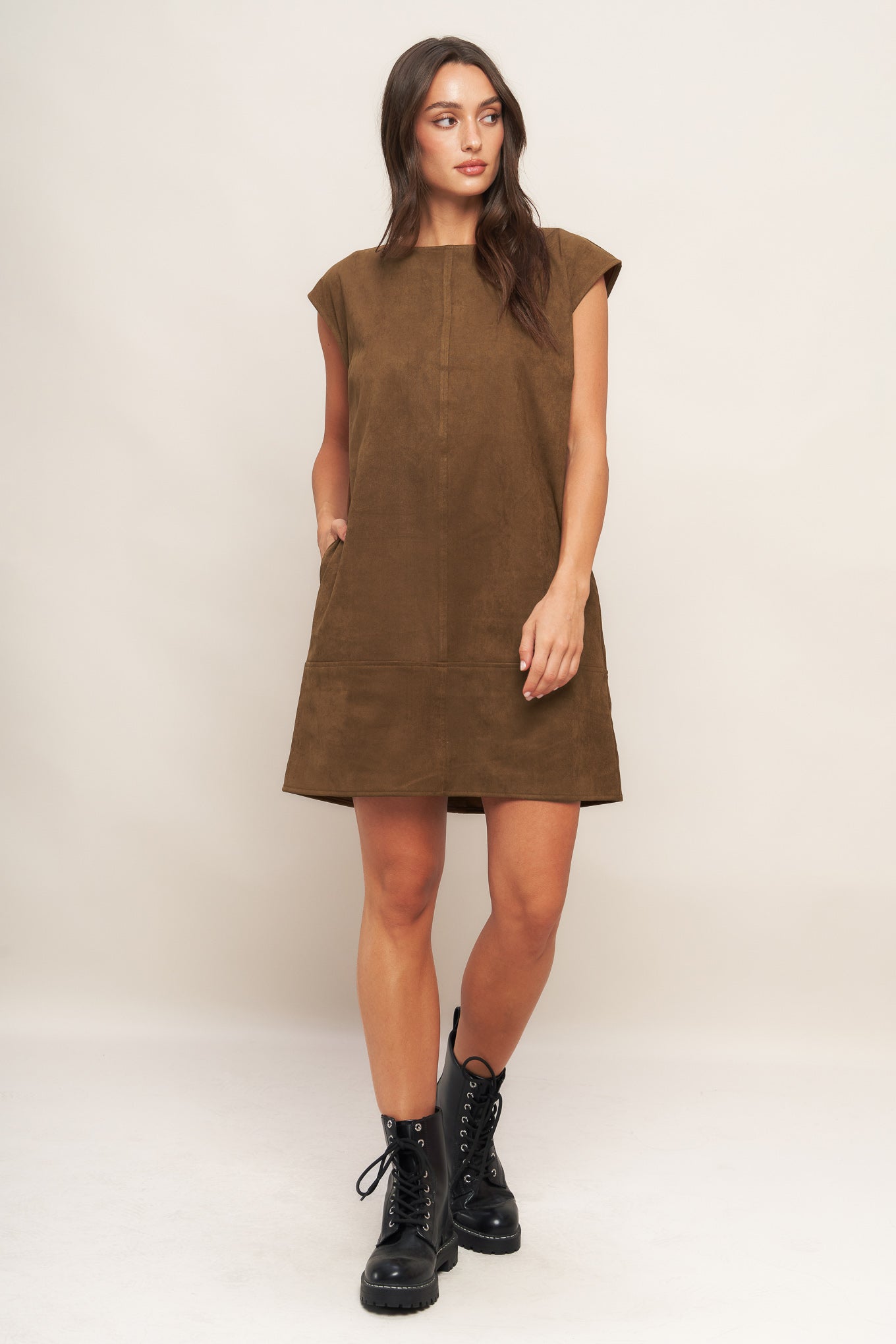 QUIET LUXURY EDGE FAUX SUEDE MIDI SHIFT DRESS