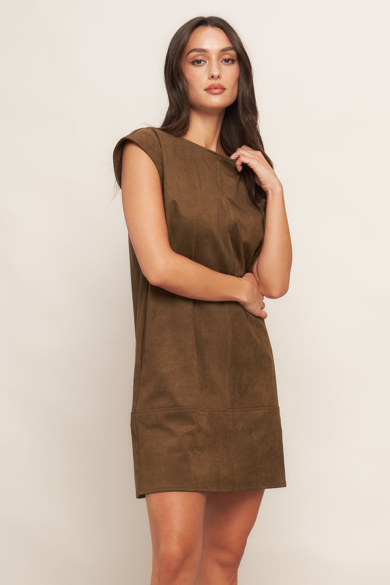 QUIET LUXURY EDGE FAUX SUEDE MIDI SHIFT DRESS