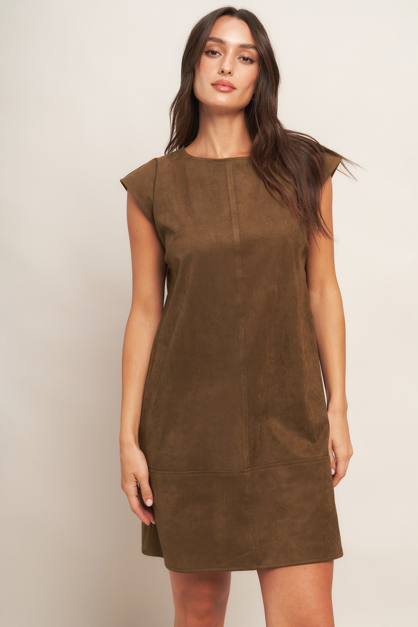 QUIET LUXURY EDGE FAUX SUEDE MIDI SHIFT DRESS