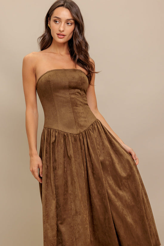 WILD ESPRESSO FAUX SUEDE MIDI DRESS