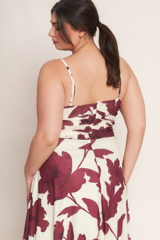 WINE BLOOM POWER MESH MIDI DRESS