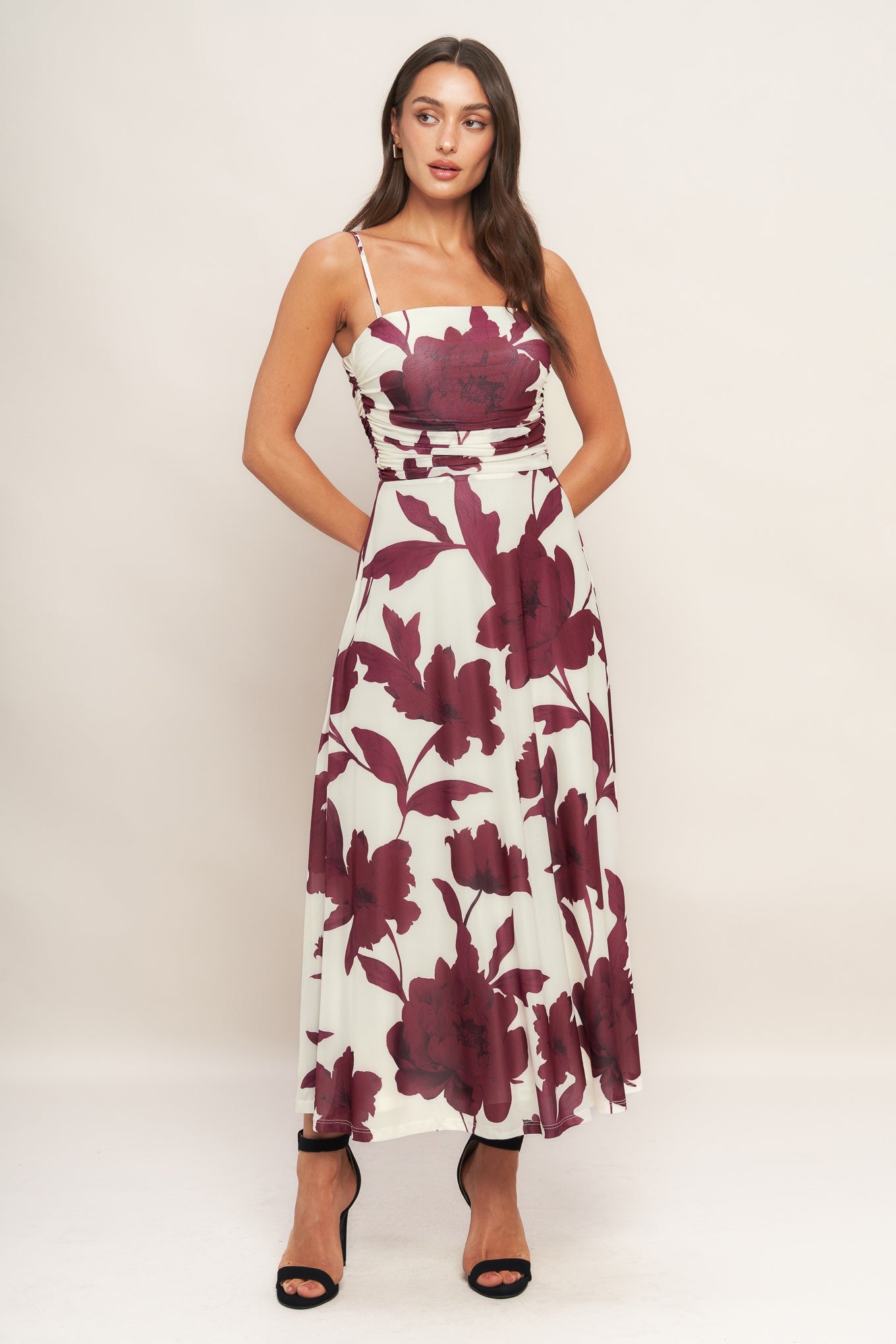 WINE BLOOM POWER MESH MIDI DRESS