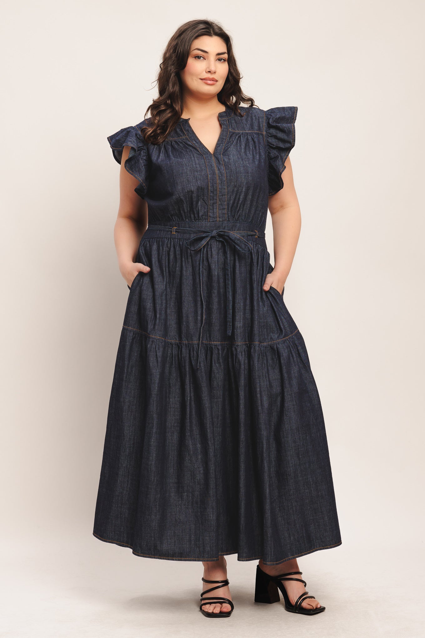 POWER DENIM GODDESS DARK INDIGO MIDI DRESS
