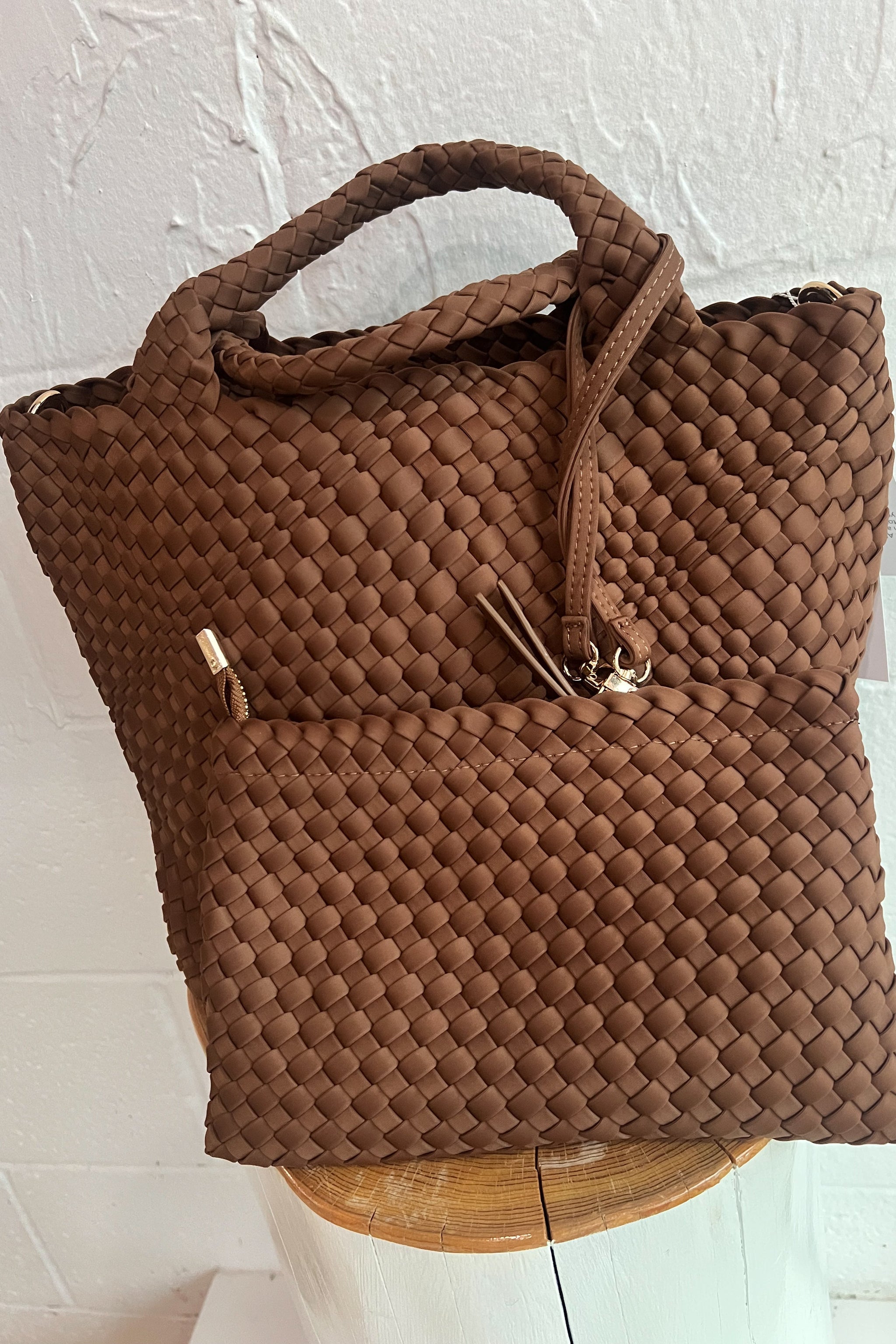 Lily Woven Neoprene Tote with Pouch - Chocolate
