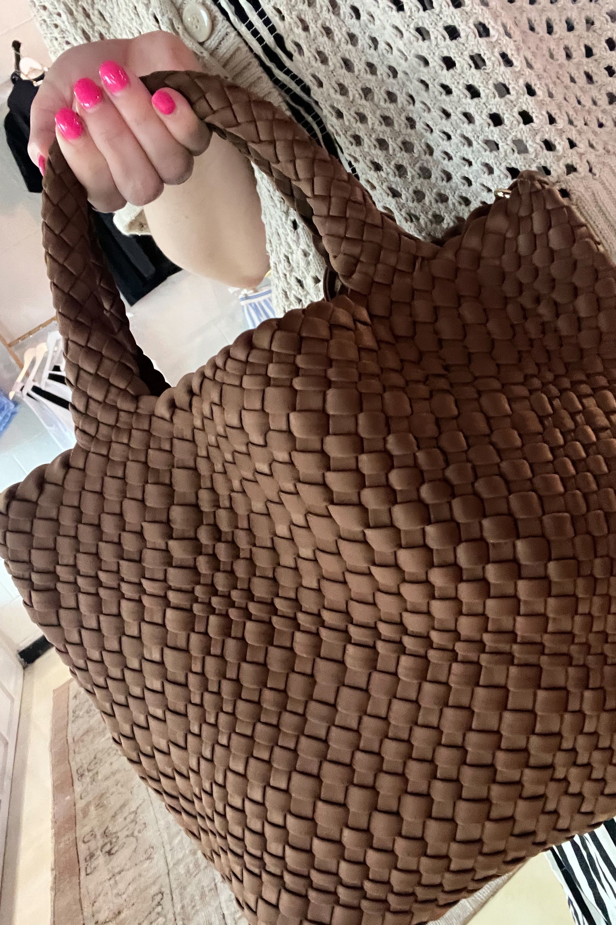 Lily Woven Neoprene Tote with Pouch - Chocolate
