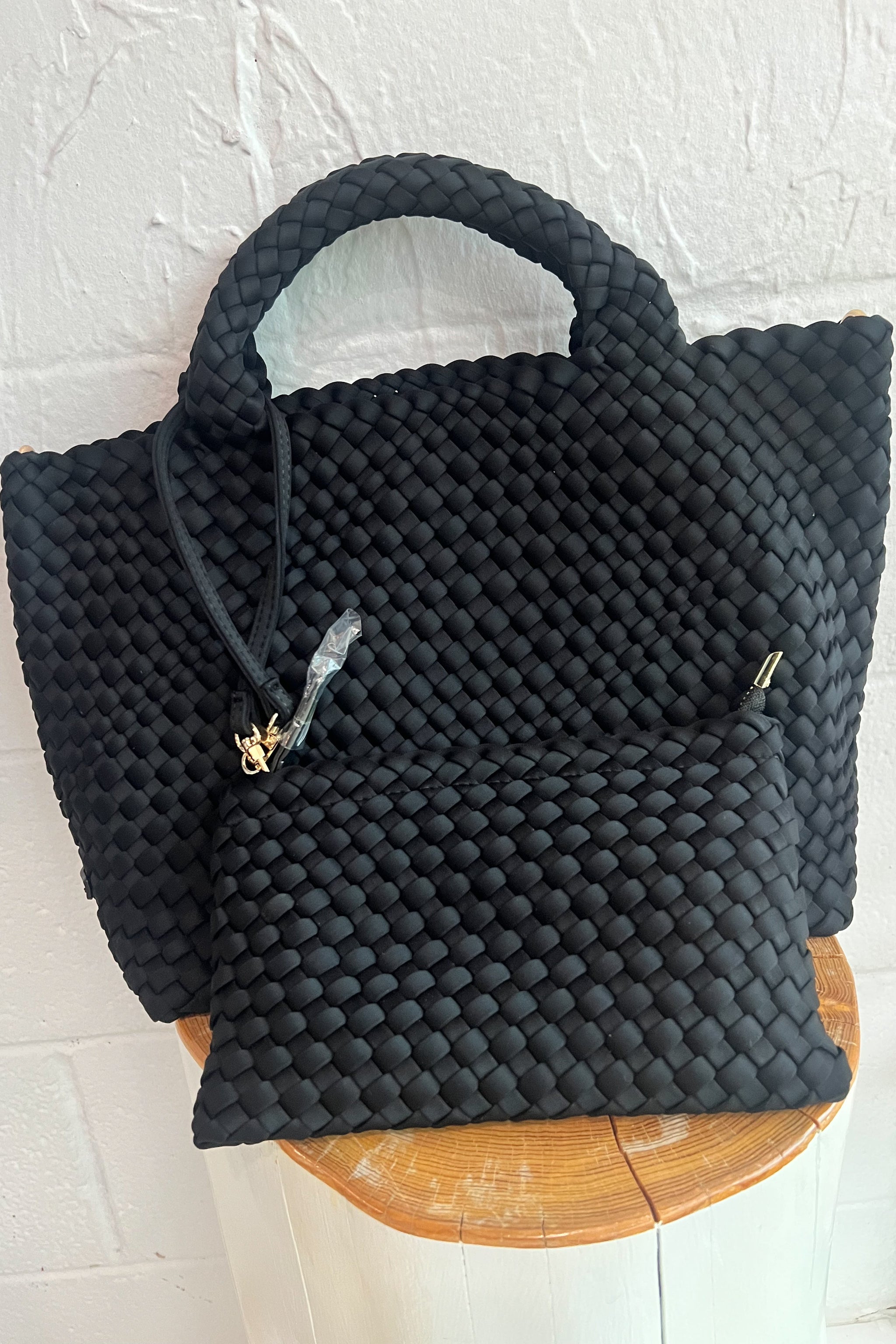 Lily Woven Neoprene Tote with Pouch - Black