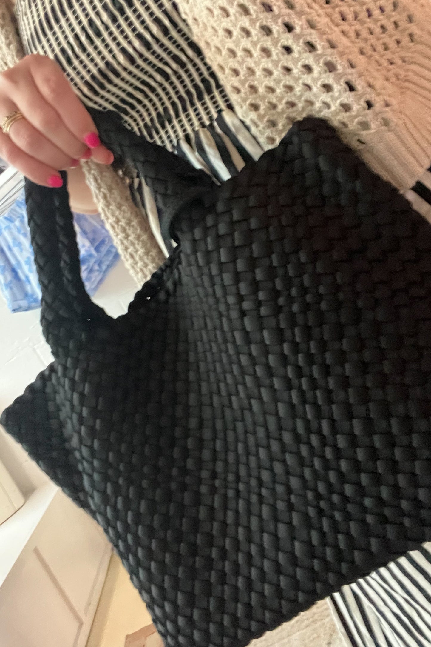 Lily Woven Neoprene Tote with Pouch - Black