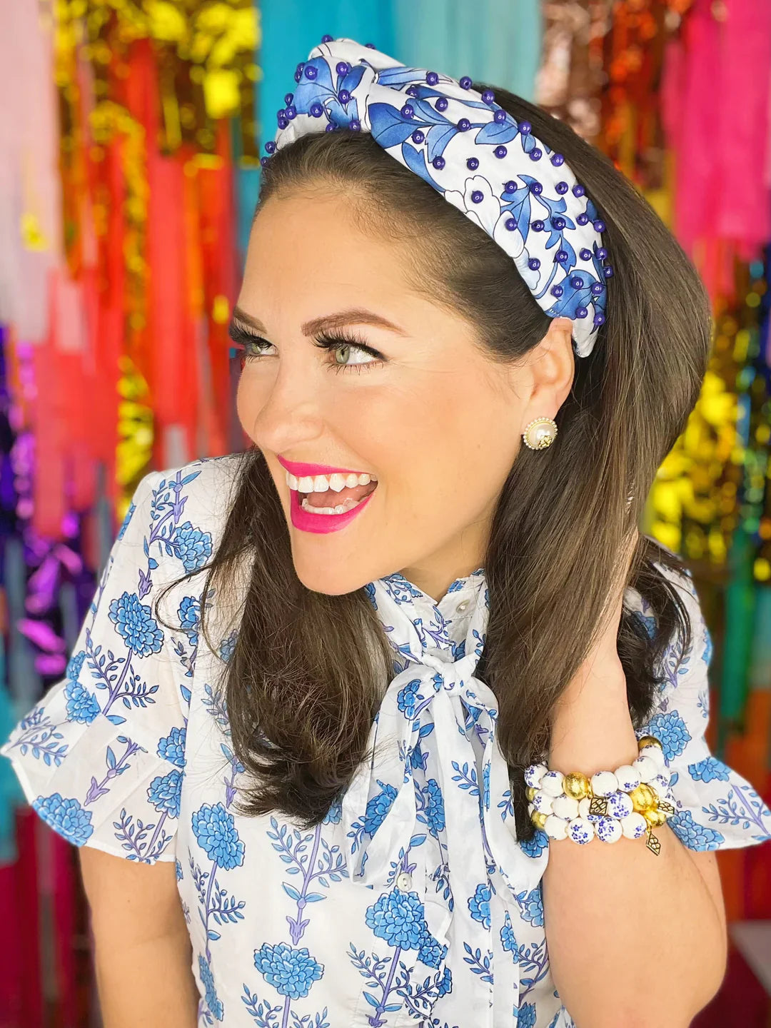 BRIANNA CANNON | Blue and White Floral Beaded Bracelet