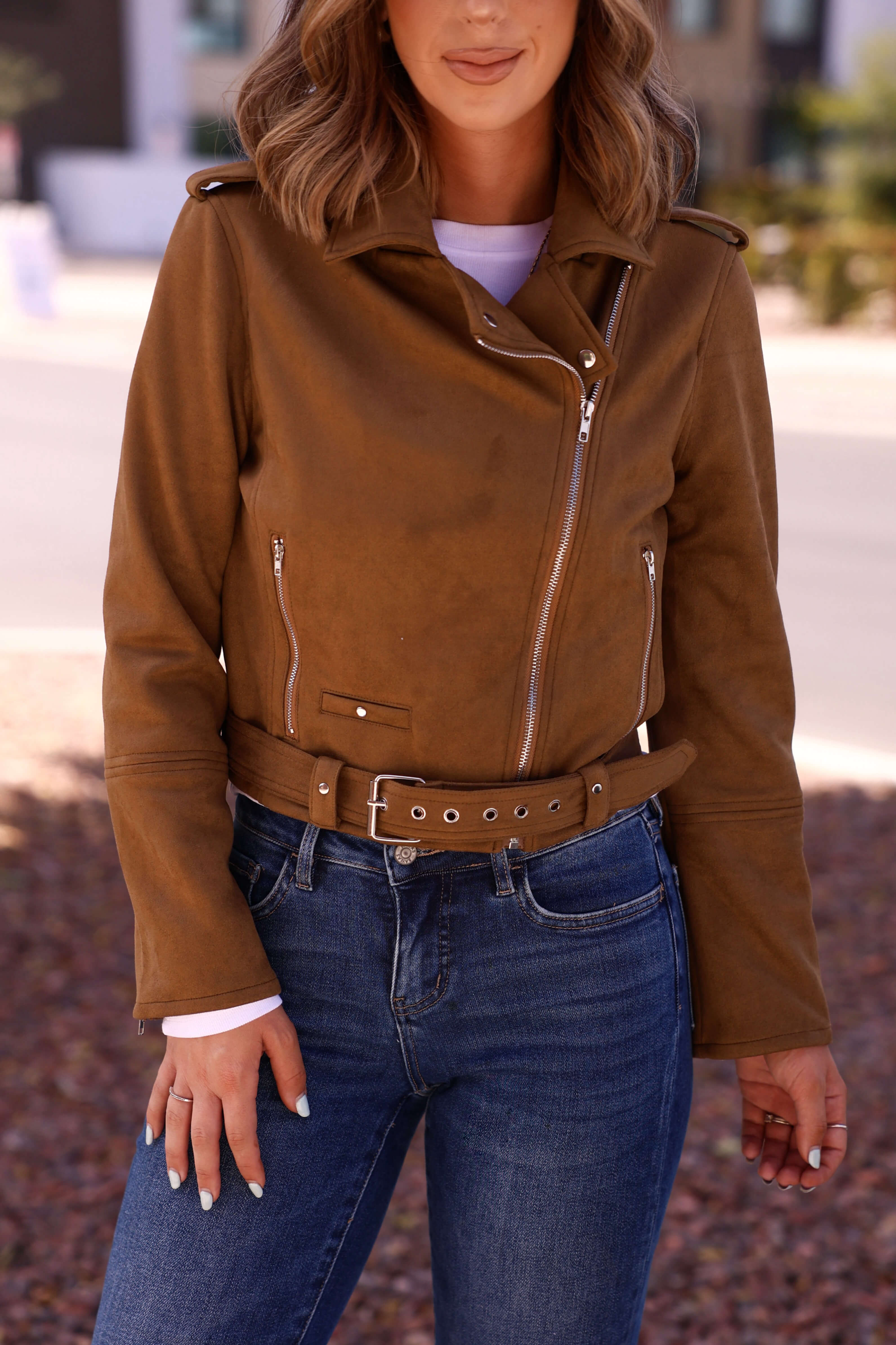 Audrey Taupe Vegan Suede Moto Jacket