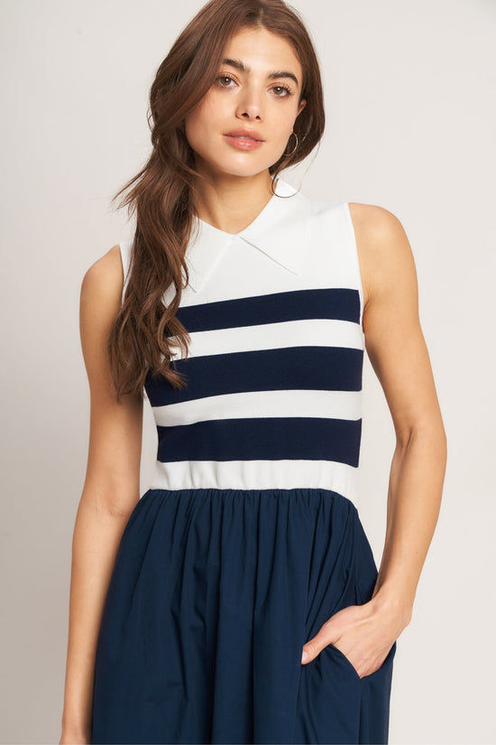 STRIPE ELEGANCE SWEATER WOVEN MIDI DRESS