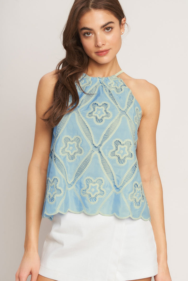 SKY LACE SUMMER HALTER WOVEN TOP