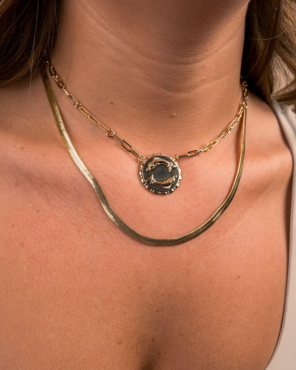 Bold Link Zodiac Necklace & Herringbone Chain Necklace Set