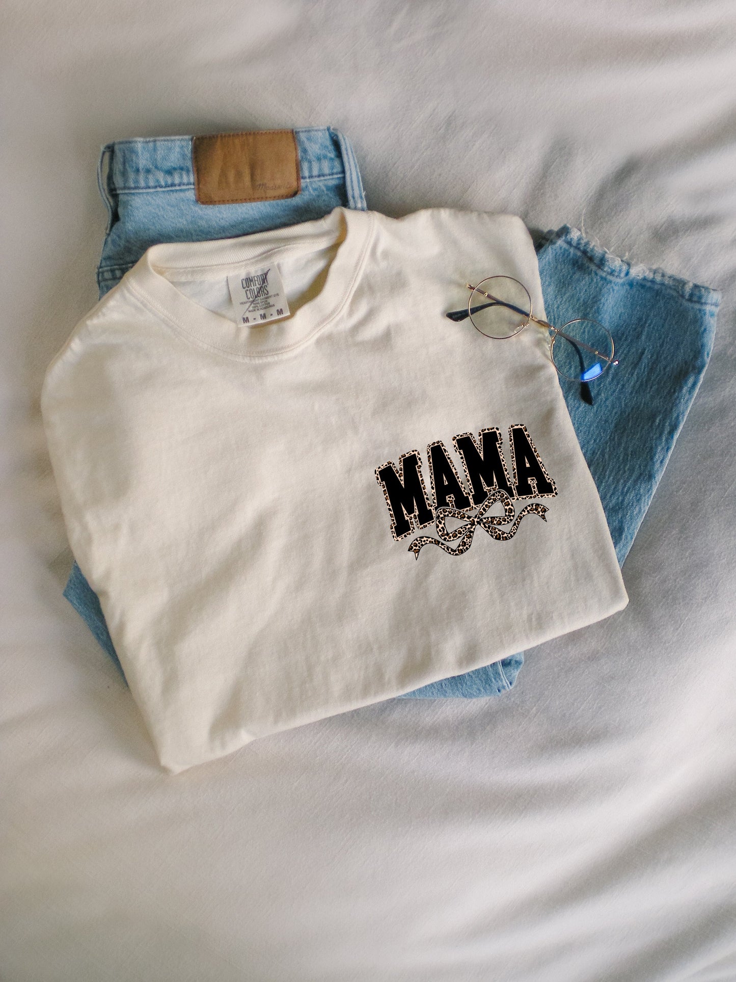 Mama Leopard Ribbon Comfort Colors T Shirt (Left Chest)