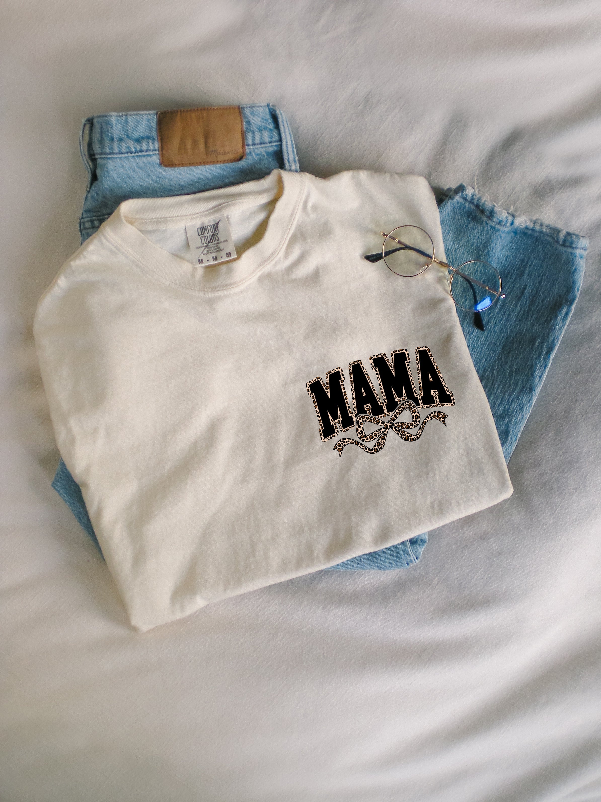Mama Leopard Ribbon Comfort Colors T Shirt (Left Chest)
