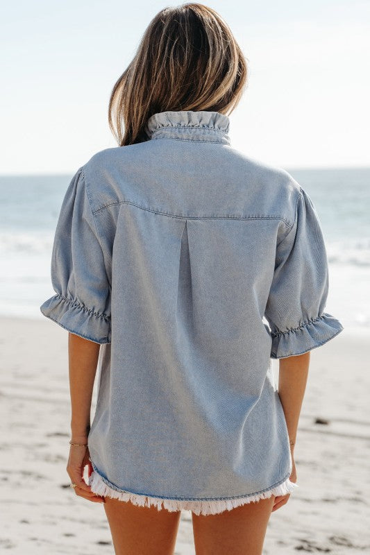 Chambray Ruffle Short Puff Sleeve Buttoned Shirt