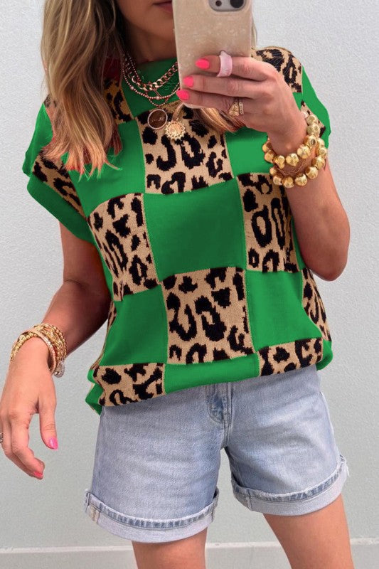 Leopard Checker Short Sleeve Knit Sweater