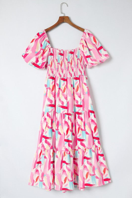 Abstract Brush Stroke Smocked Ruffle Tiered Dress