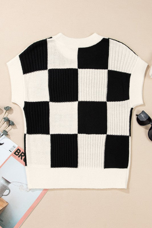 Checker Colorblock Crewneck Short Sleeve Sweater