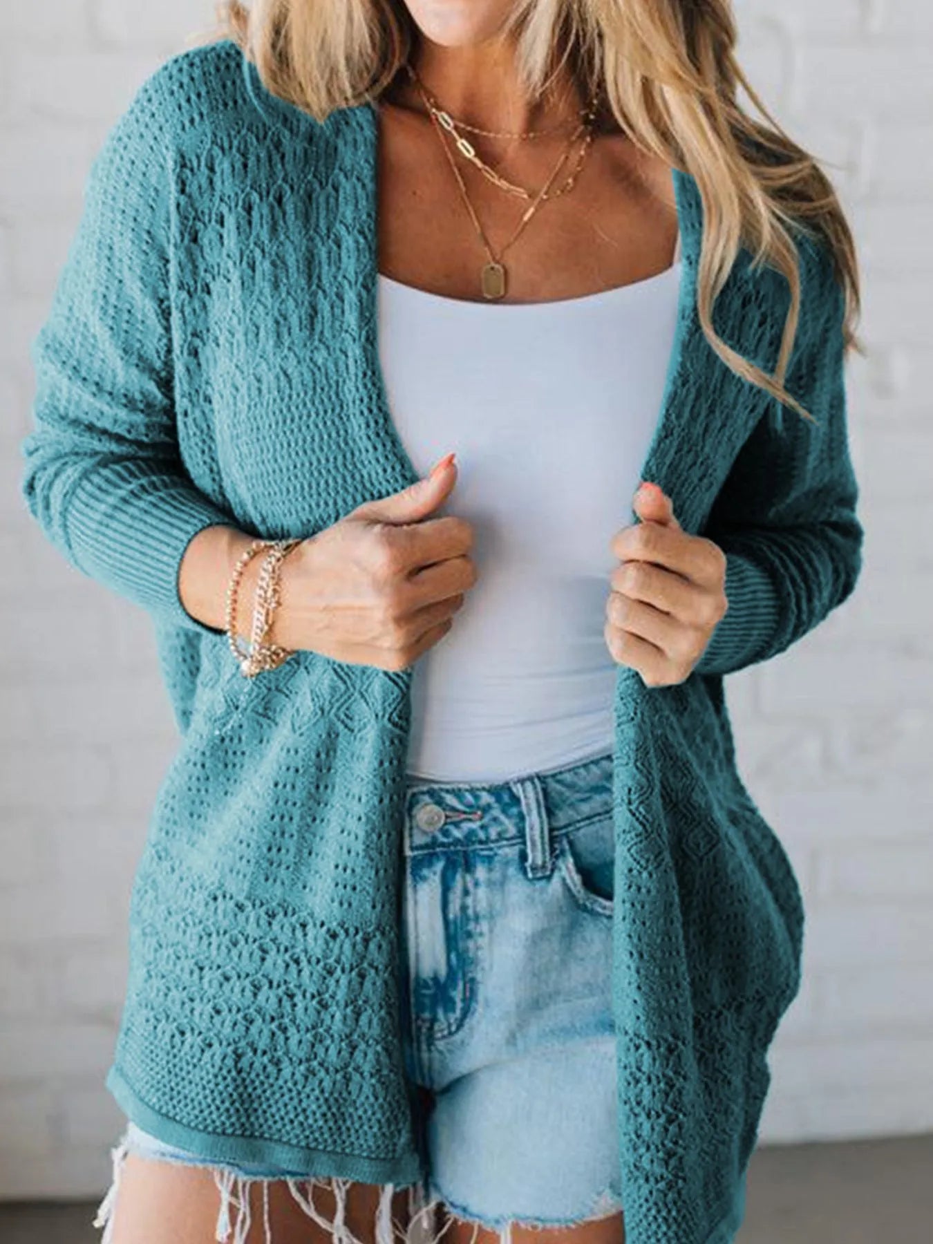 Open Front Knitted Cardigan with Eyelet Details