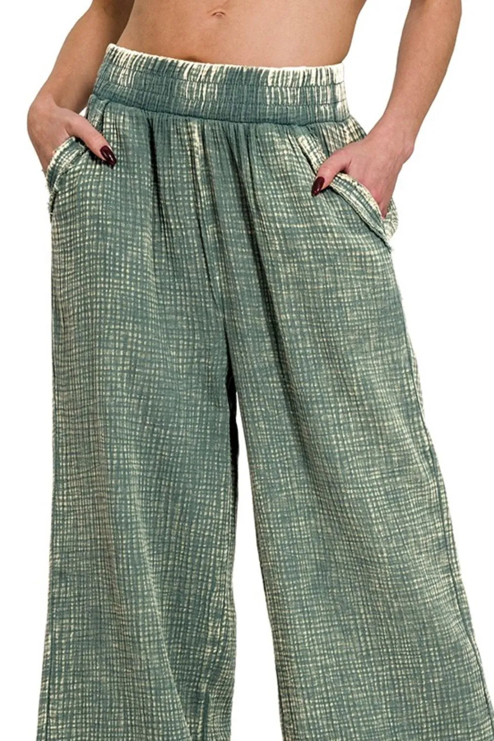 Zenana Washed Double Gauze Elastic Band Waist Womens Pants