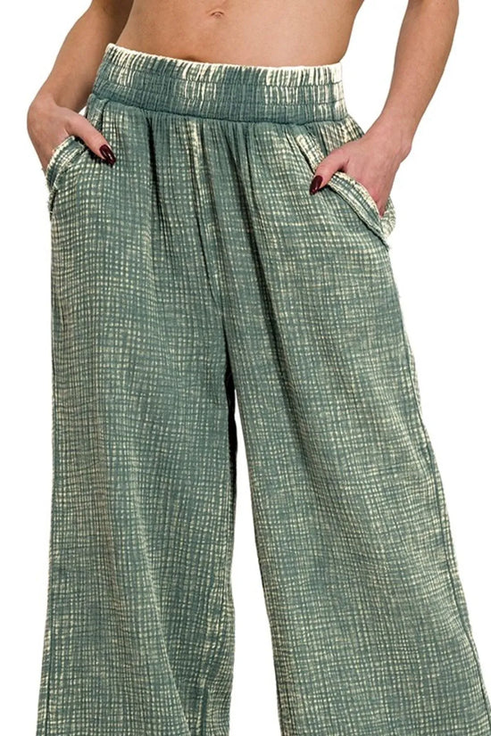 Zenana Washed Double Gauze Elastic Band Waist Womens Pants