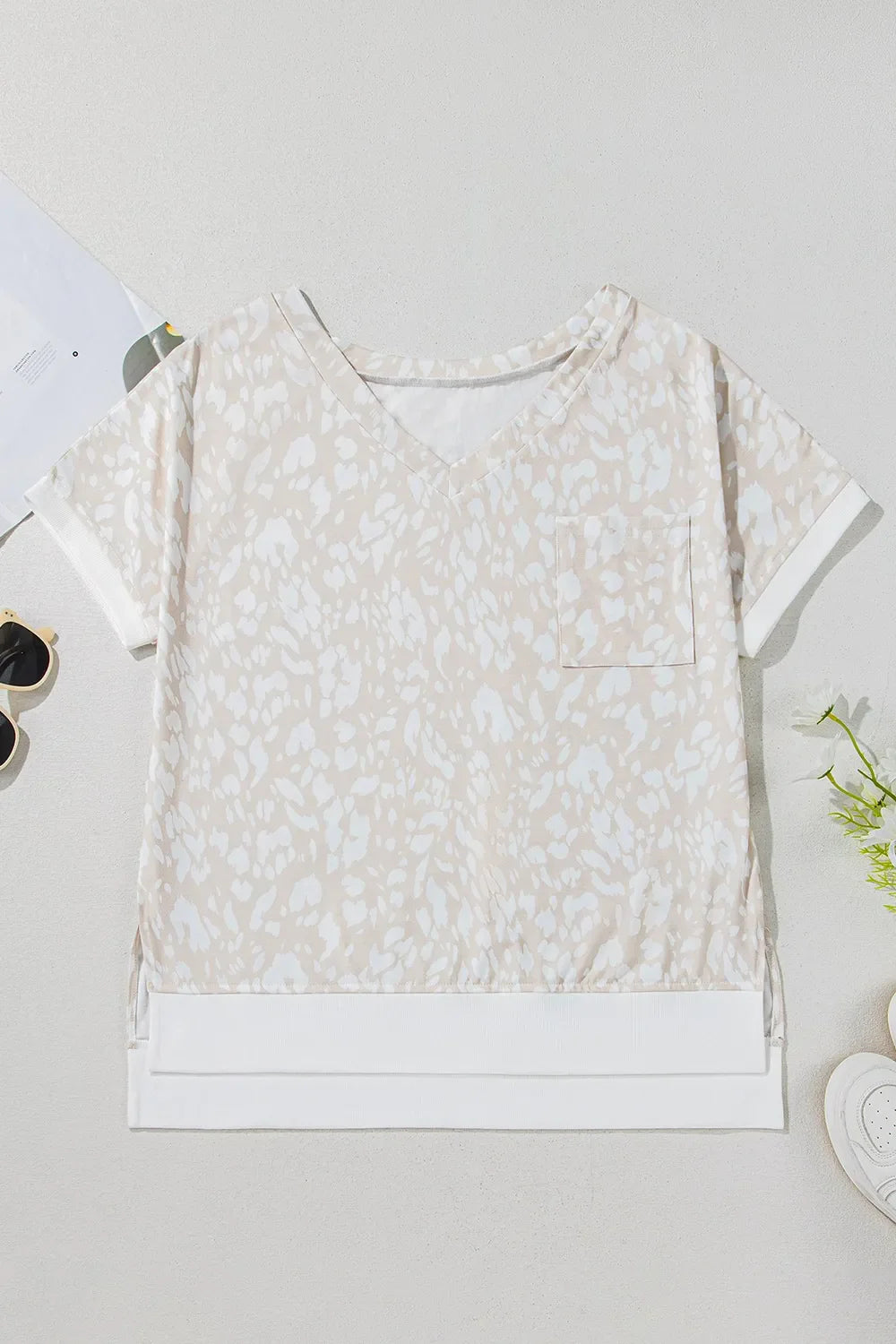 Leopard Print V Neck Side Slit Loose Fit T Shirt