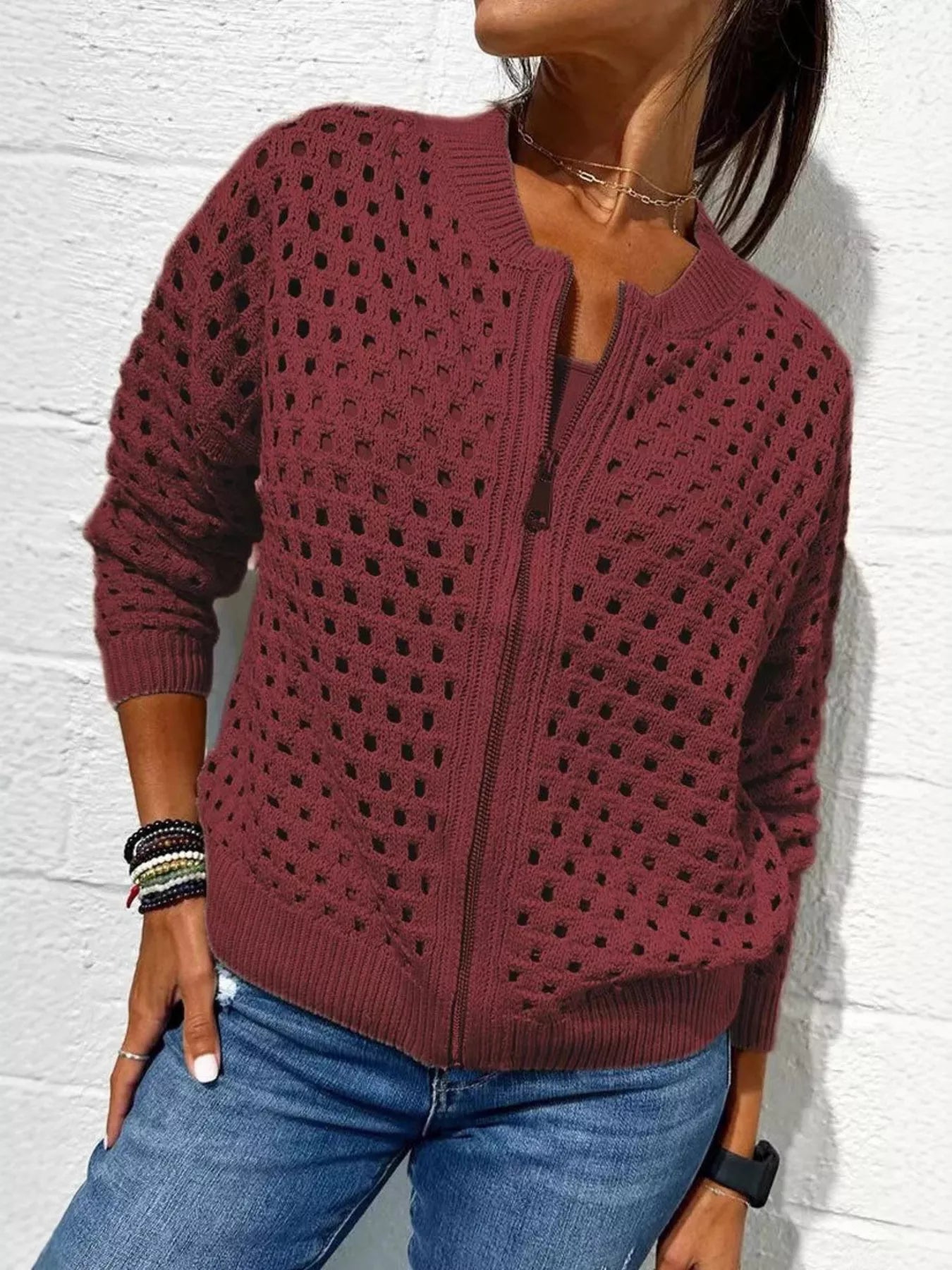 Full Size Crochet Knit Zip-Up Cardigan Plus Size